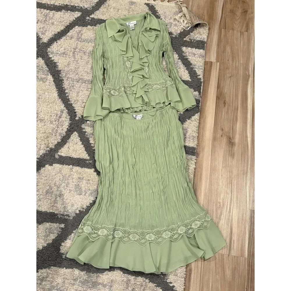 Dressbarn Sage Green Crinkle Lace Skirt Set Fairycore Cottagecore Vintage xx